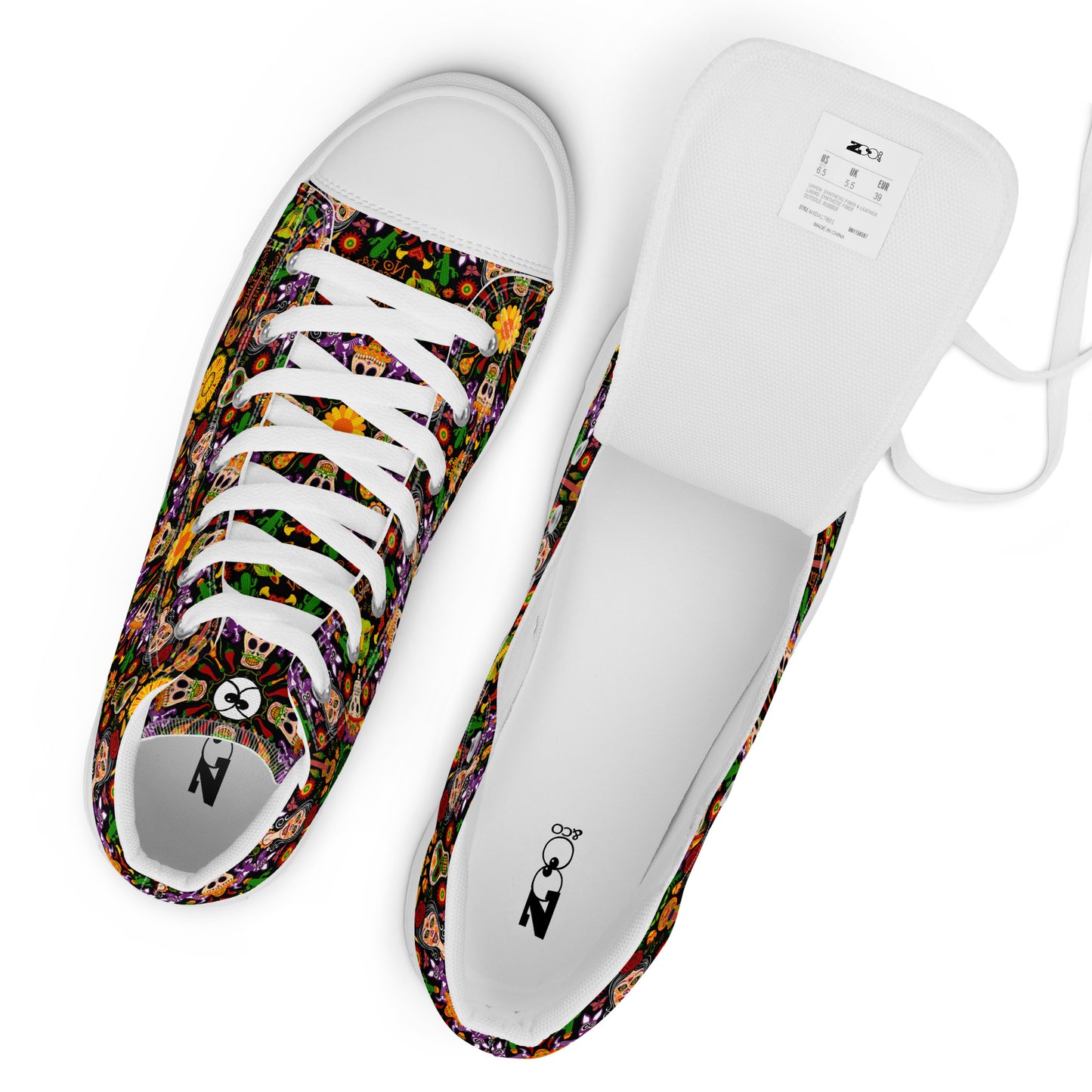 Mexican skulls celebrating the Day of the dead Women’s high top canvas shoes. Zoo&co's branded