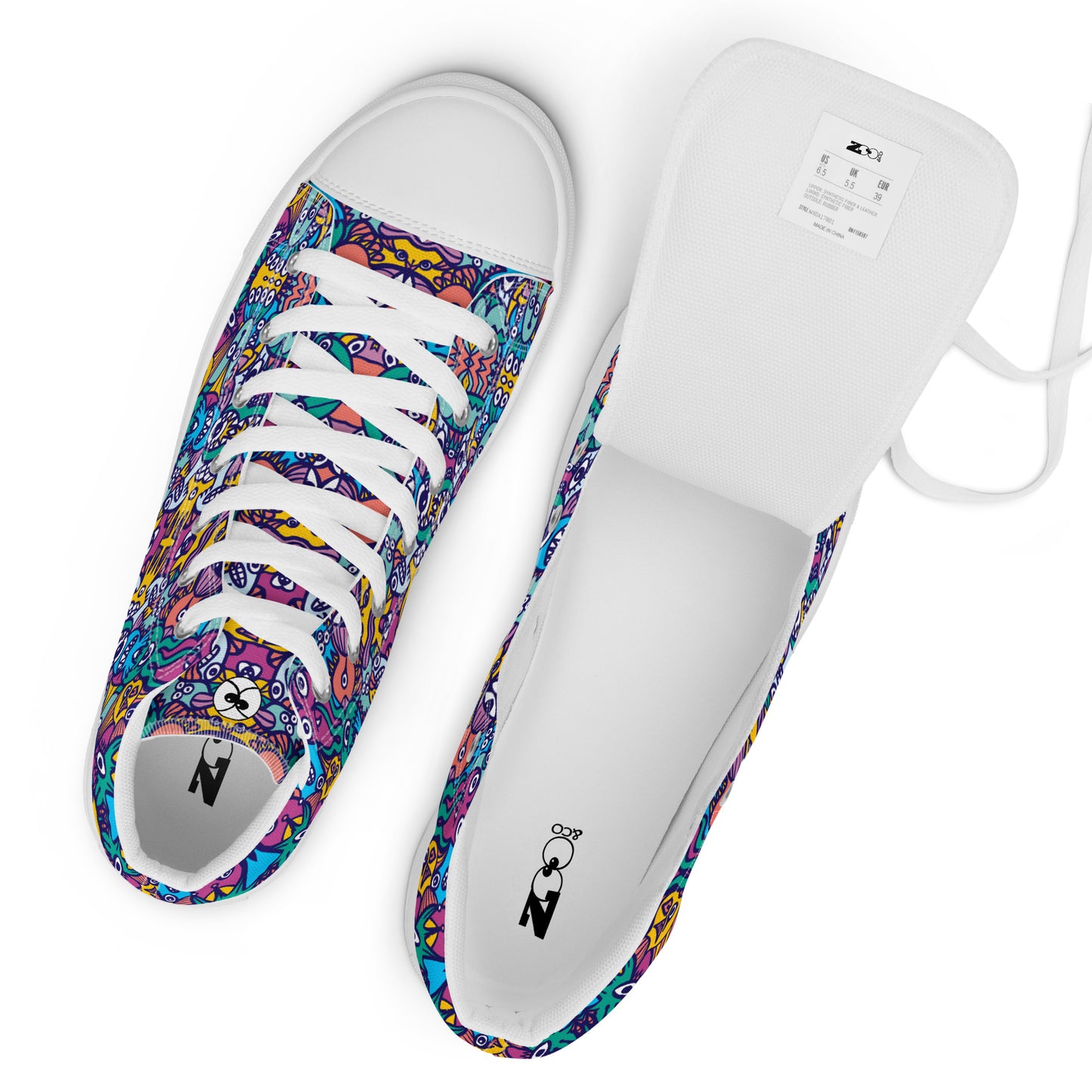 Whimsical design featuring multicolor critters from another world Women’s high top canvas shoes. Zoo&co branded shoes