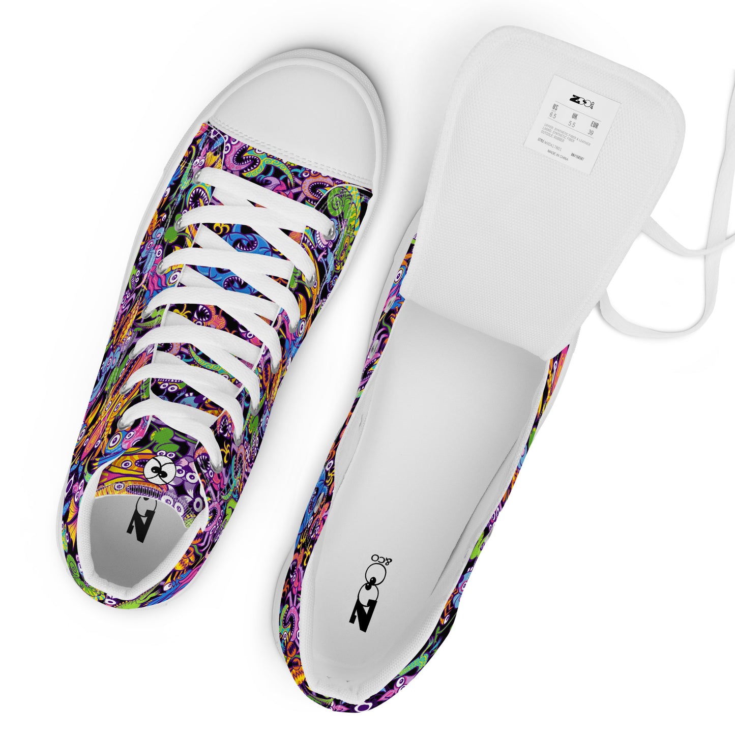 Eccentric critters in a lively crazy festival Women’s high top canvas shoes. Zoo&co branded shoes