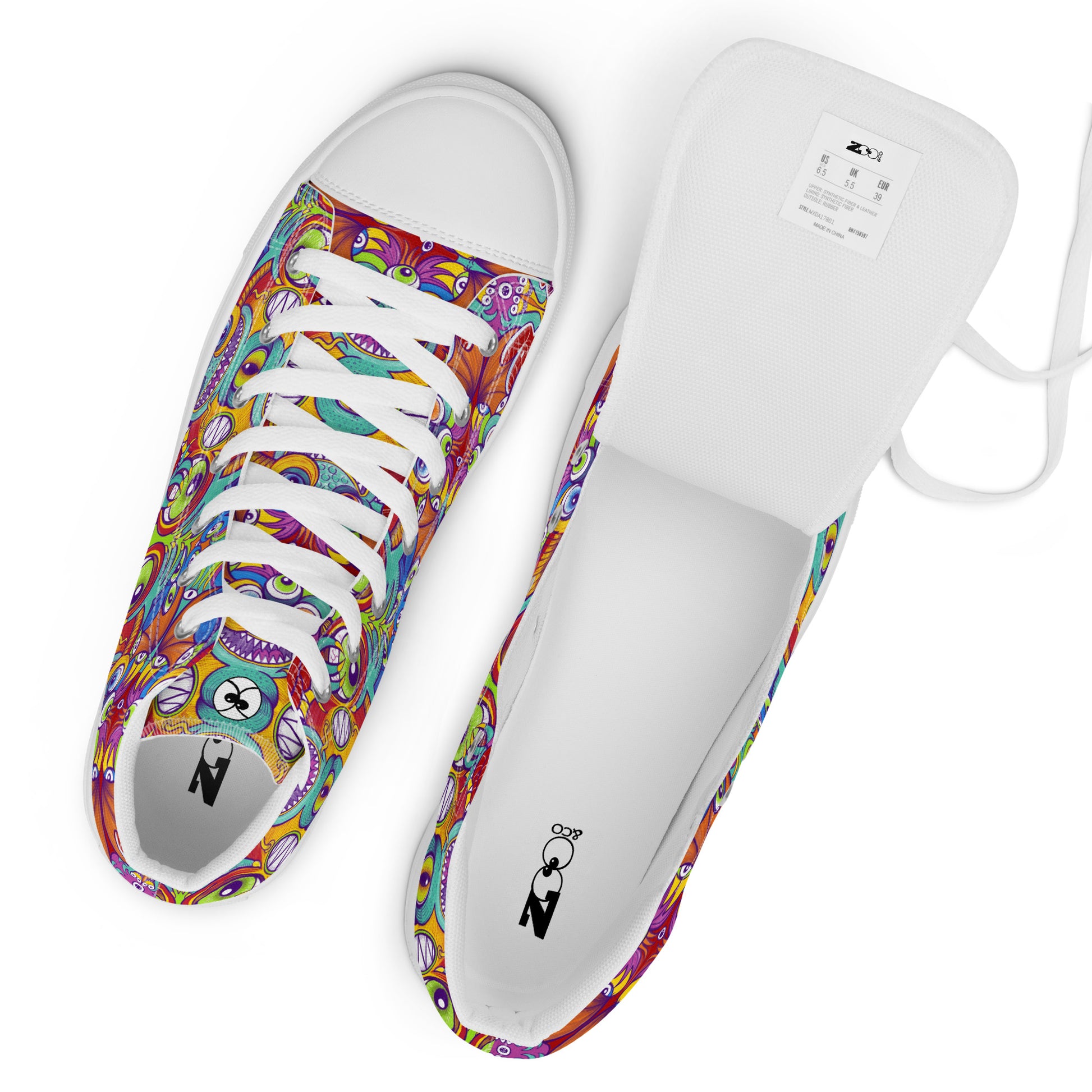 Psychedelic monsters having fun pattern design Women’s high top canvas shoes. Zoo&co branded shoes