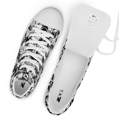 Joyful crowd of black and white doodle creatures Women’s high top canvas shoes. Zoo&co branded shoes