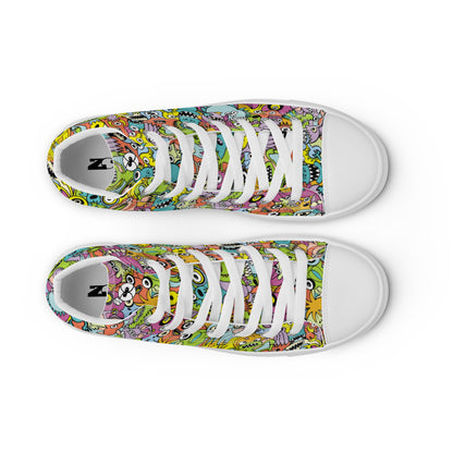 Funny monsters fighting for the best spot for a pattern design Women’s high top canvas shoes. Top view