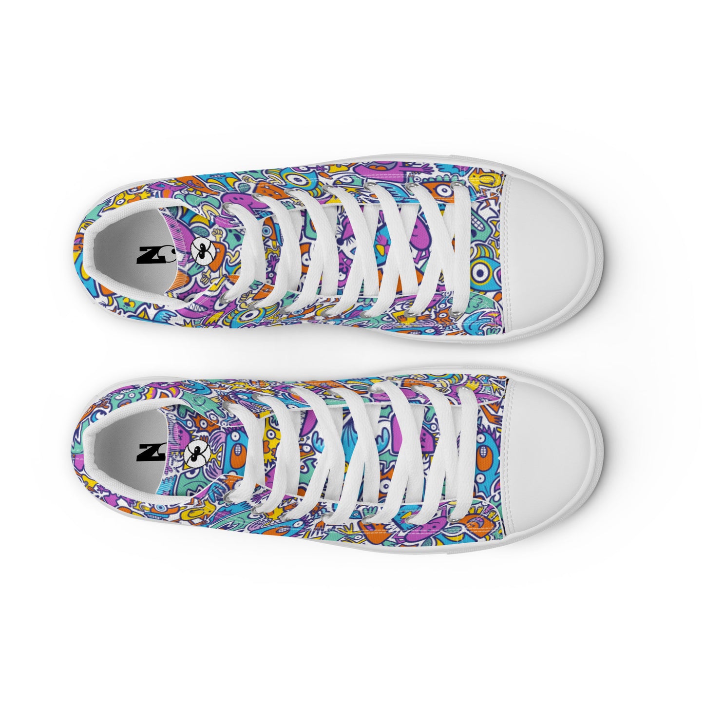 Funny multicolor Doodle world Women’s high top canvas shoes. Top view