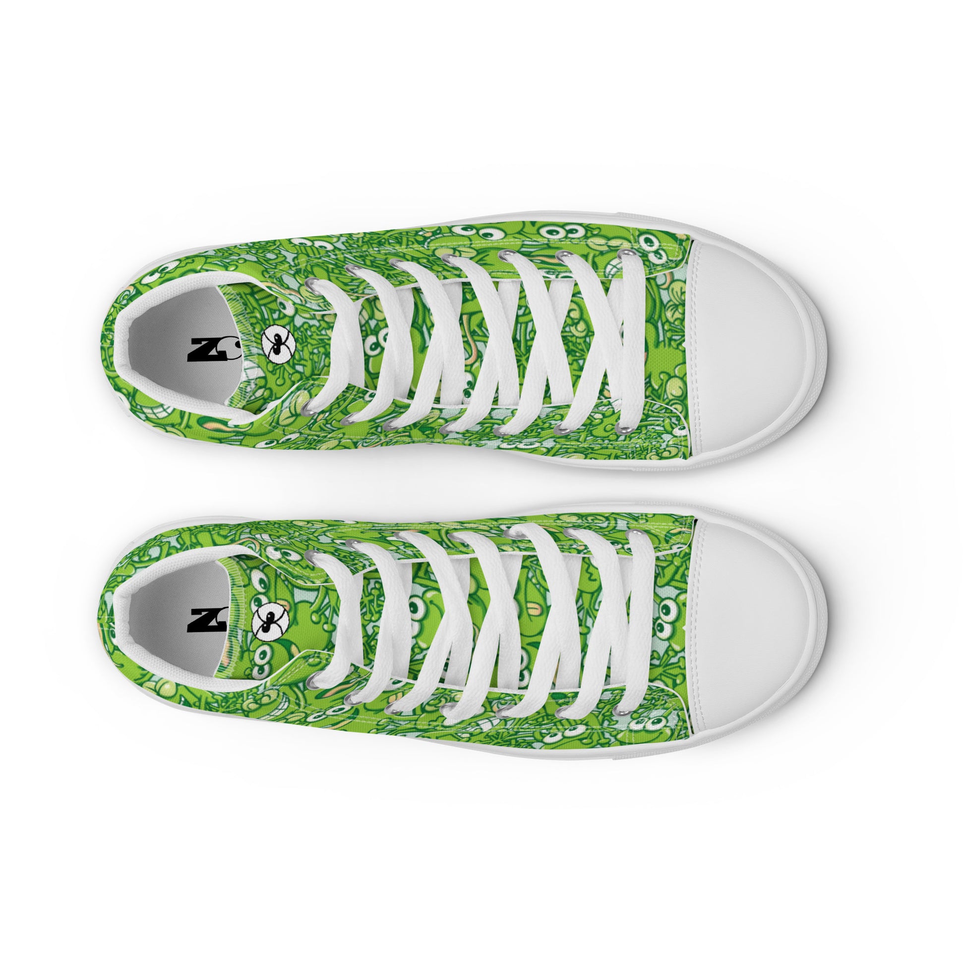 A tangled army of happy green frogs appears when the rain stops Women’s high top canvas shoes. Top view