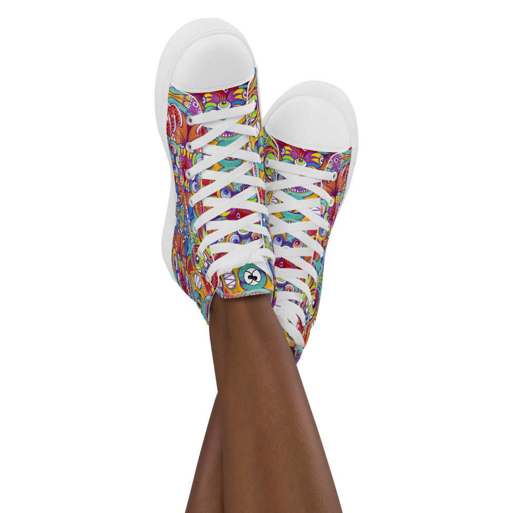 Psychedelic monsters having fun pattern design Women’s high top canvas shoes. Lifestyle