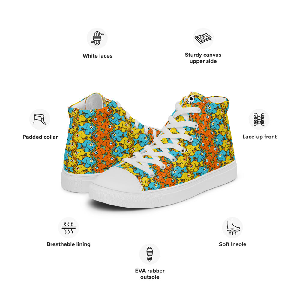 Smiling fishes colorful pattern Women’s high top canvas shoes. Product specifications