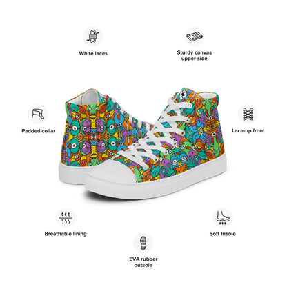 Fantastic doodle world full of weird creatures Women’s high top canvas shoes. Product specifications