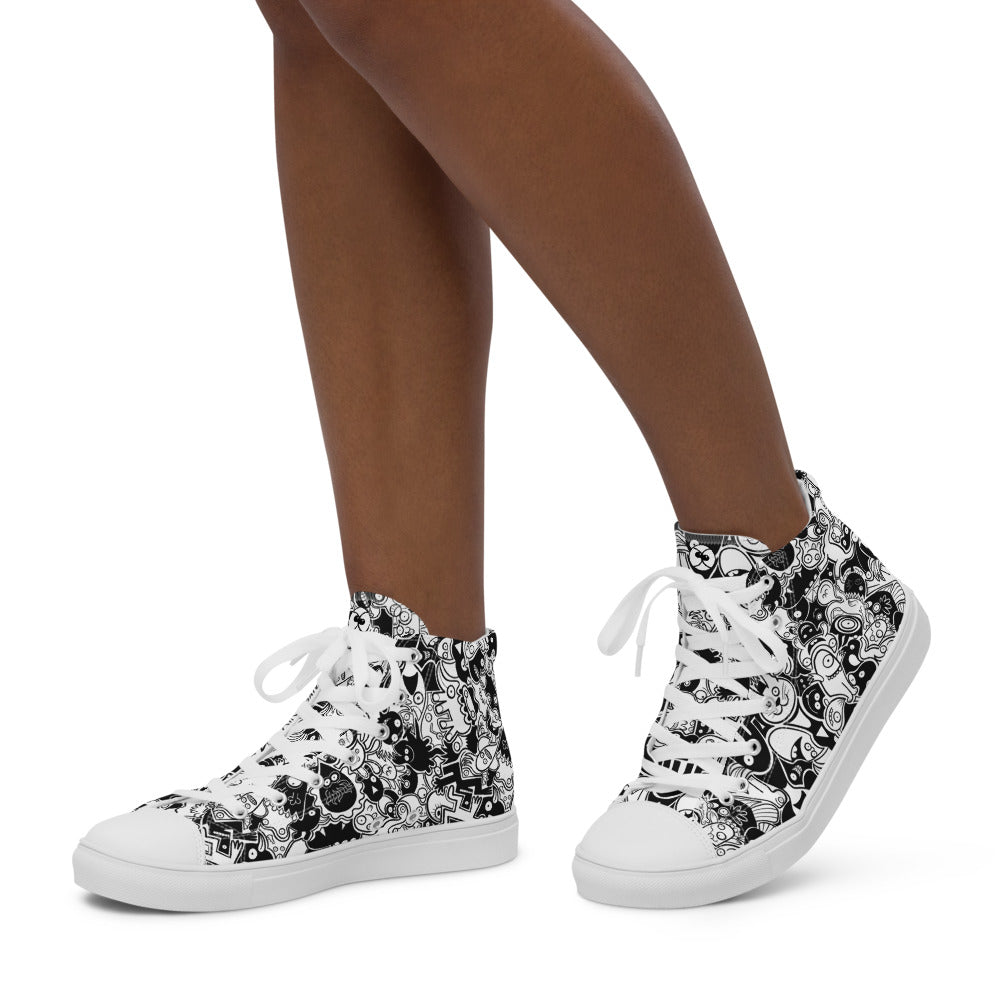 Joyful crowd of black and white doodle creatures Women’s high top canvas shoes. Lifestyle