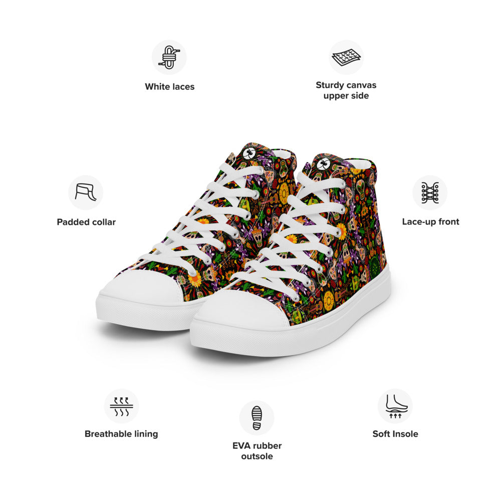 Mexican skulls celebrating the Day of the dead Women’s high top canvas shoes. Specifications