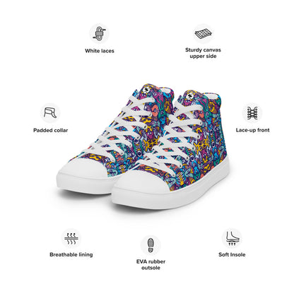Whimsical design featuring multicolor critters from another world Women’s high top canvas shoes. Specifications