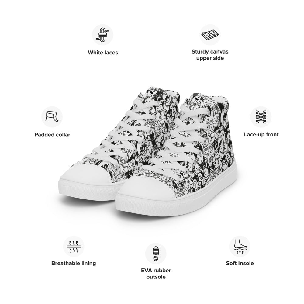Black and white cool doodles art Women’s high top canvas shoes. Specifications