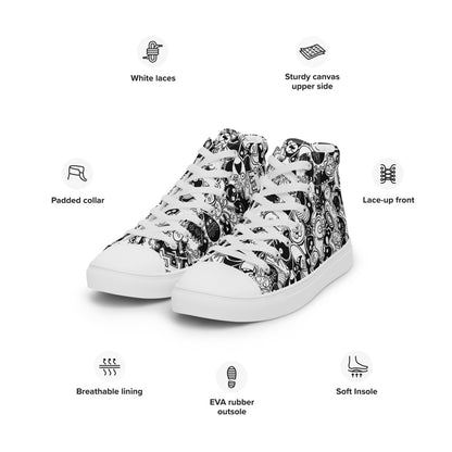Joyful crowd of black and white doodle creatures Women’s high top canvas shoes. Specifications