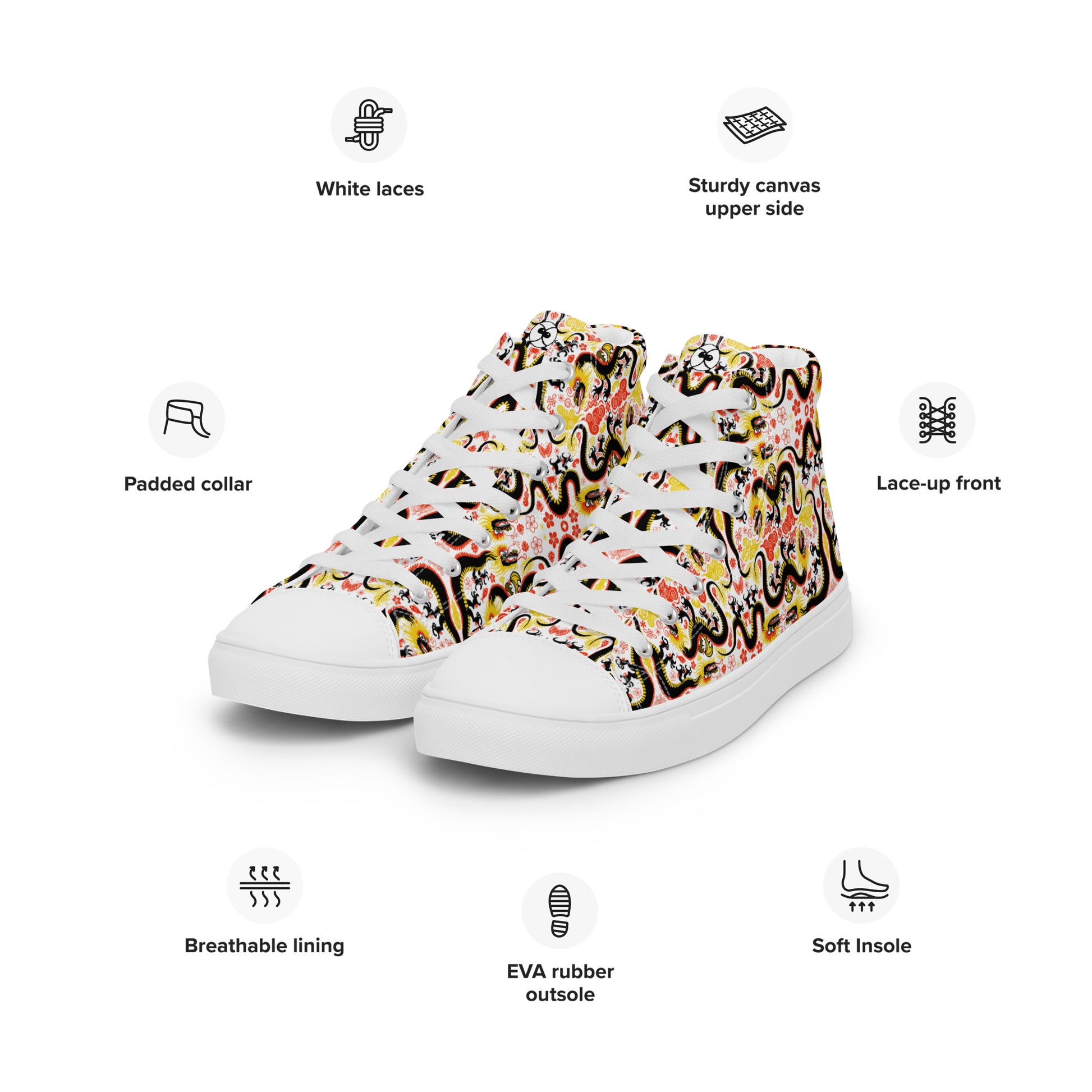 Legendary Chinese dragons pattern art Women’s high top canvas shoes. Specifications