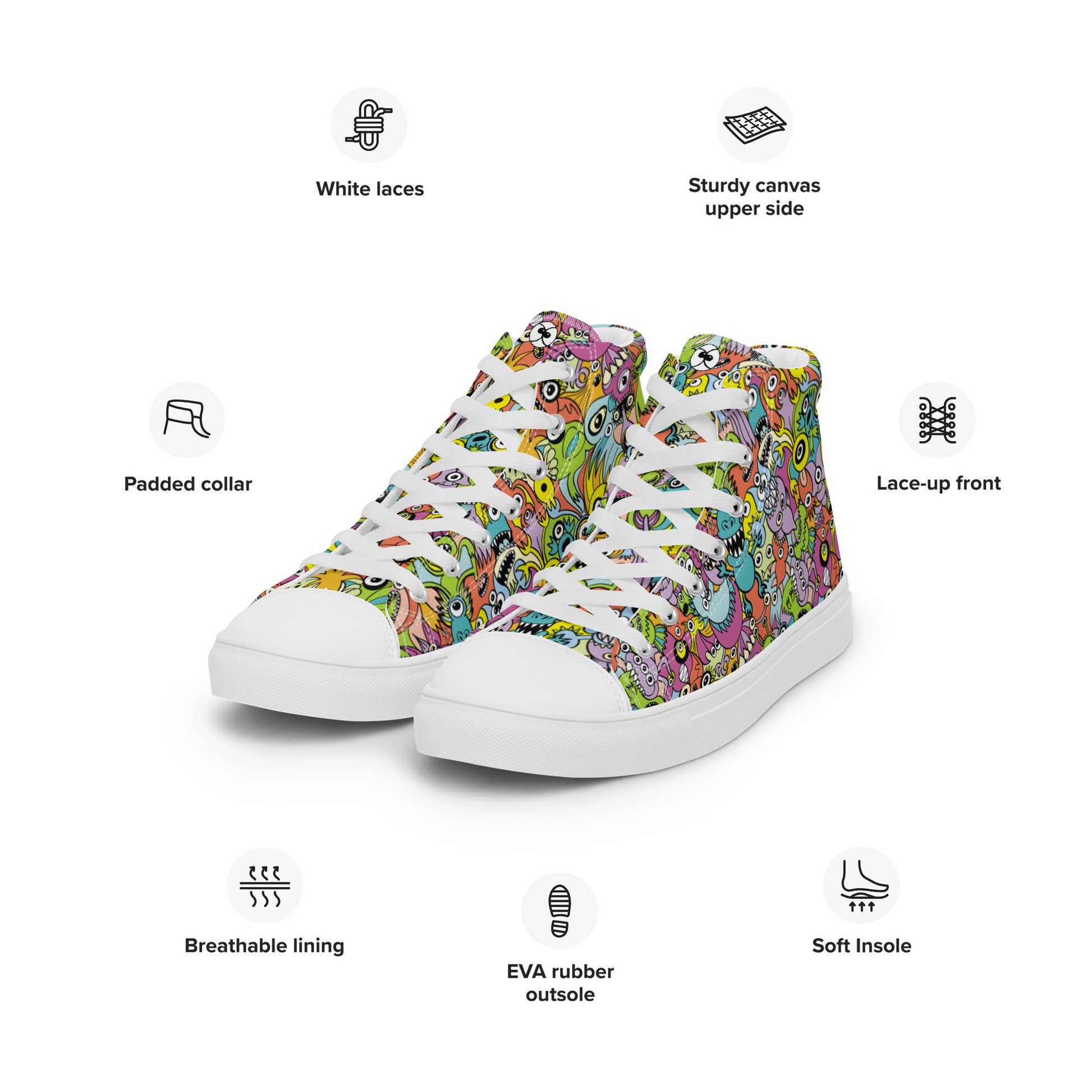 Funny monsters fighting for the best spot for a pattern design Women’s high top canvas shoes. Product specifications
