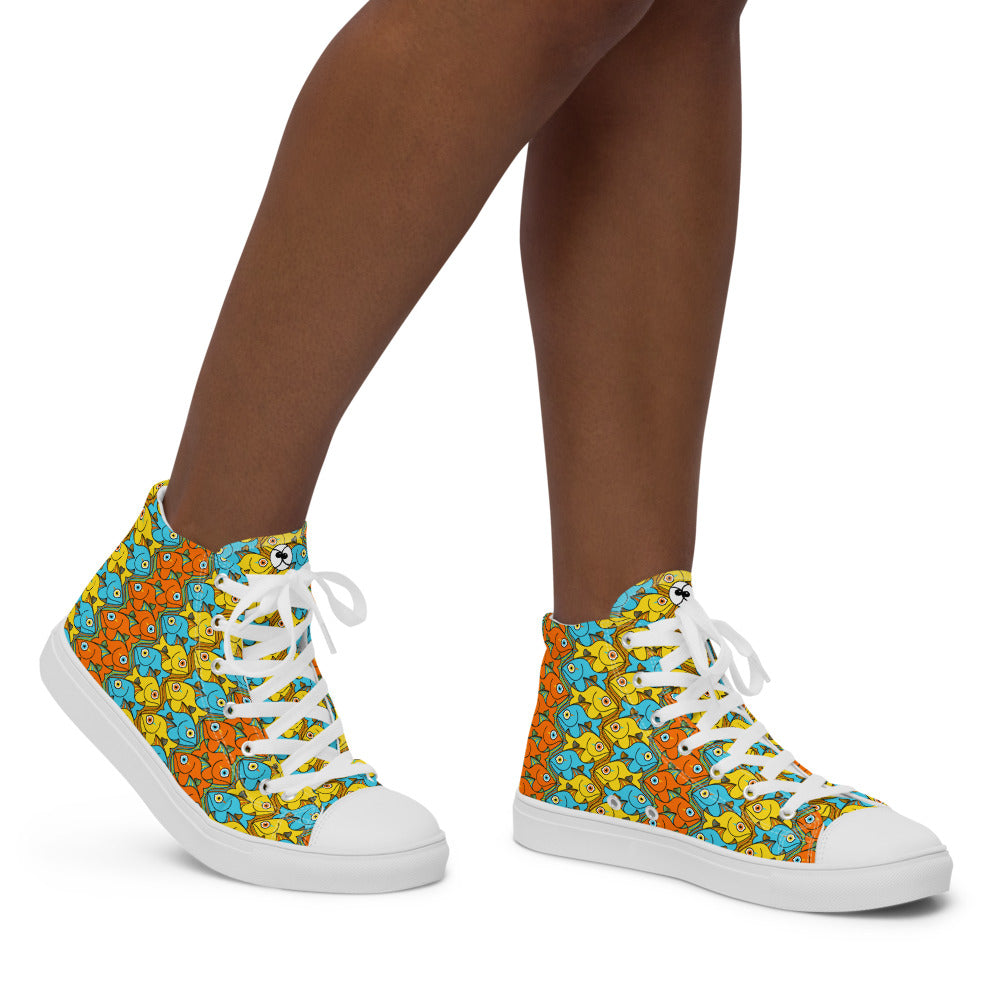 Smiling fishes colorful pattern Women’s high top canvas shoes. Lifestyle
