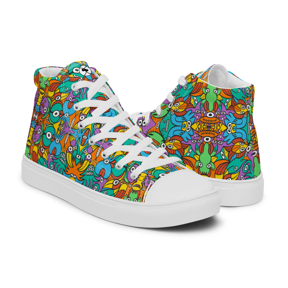 Fantastic doodle world full of weird creatures Women’s high top canvas shoes. Overview