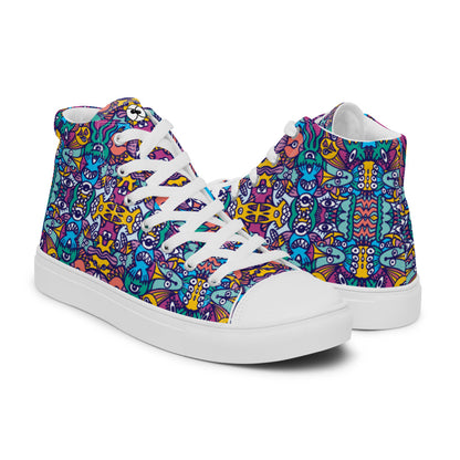 Whimsical design featuring multicolor critters from another world Women’s high top canvas shoes. Overview