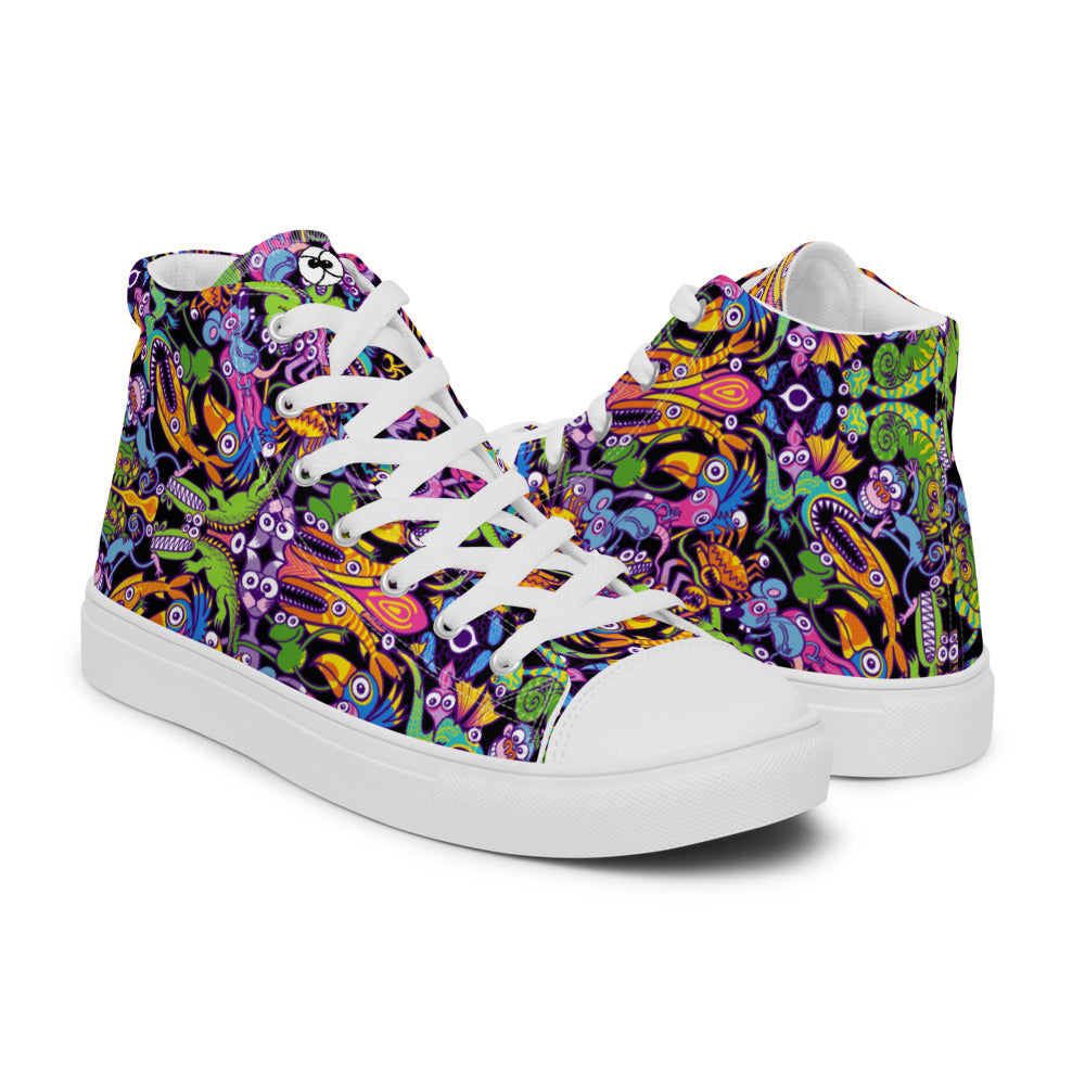 Eccentric critters in a lively crazy festival Women’s high top canvas shoes. Overview