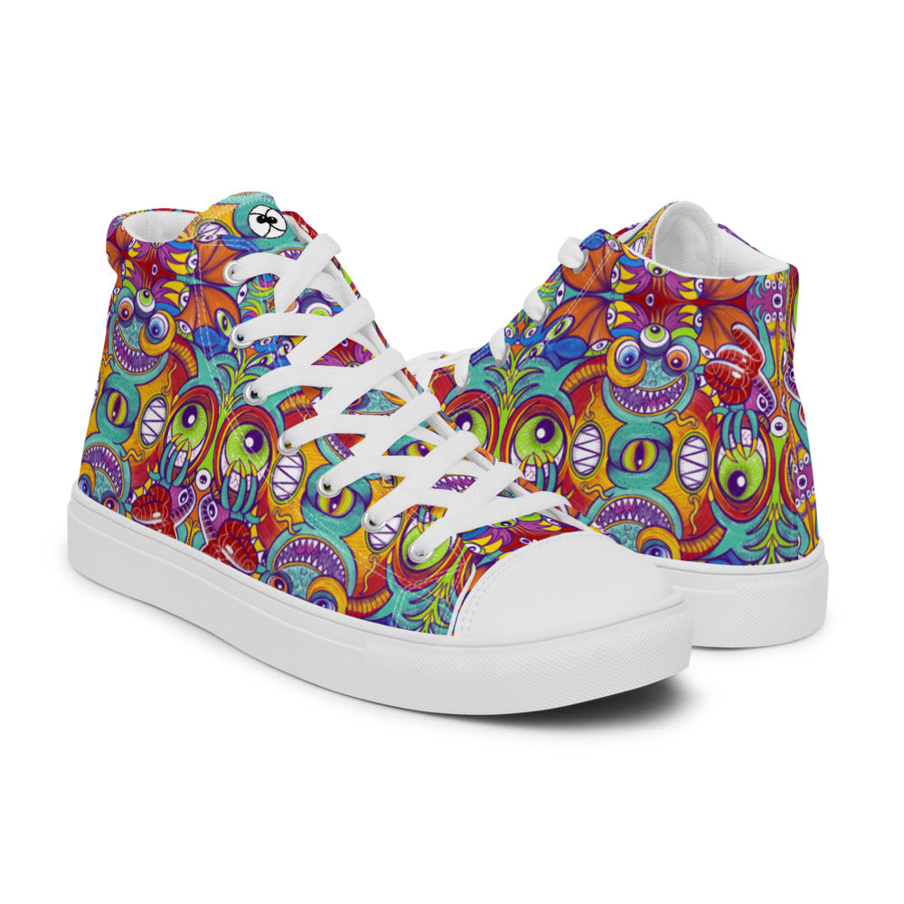 Psychedelic monsters having fun pattern design Women’s high top canvas shoes. Overview