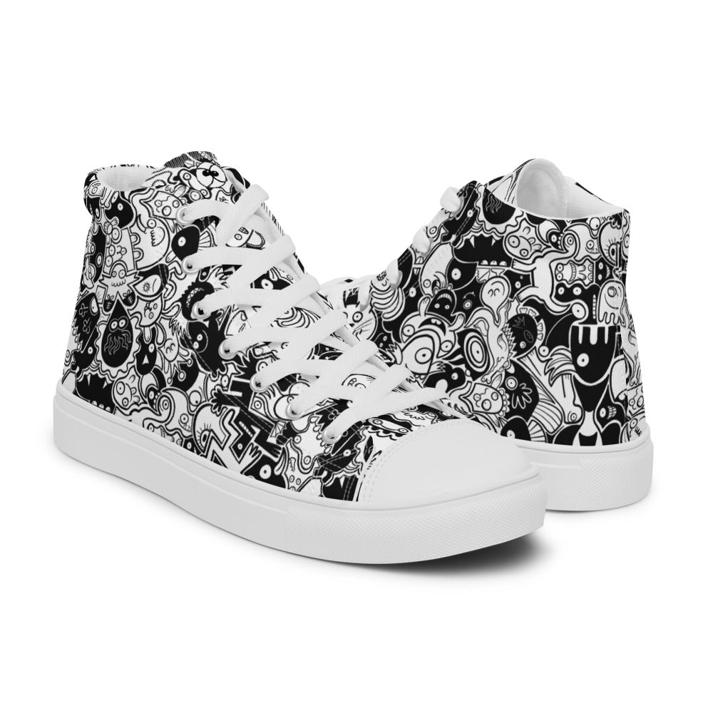 Joyful crowd of black and white doodle creatures Women’s high top canvas shoes. Overview