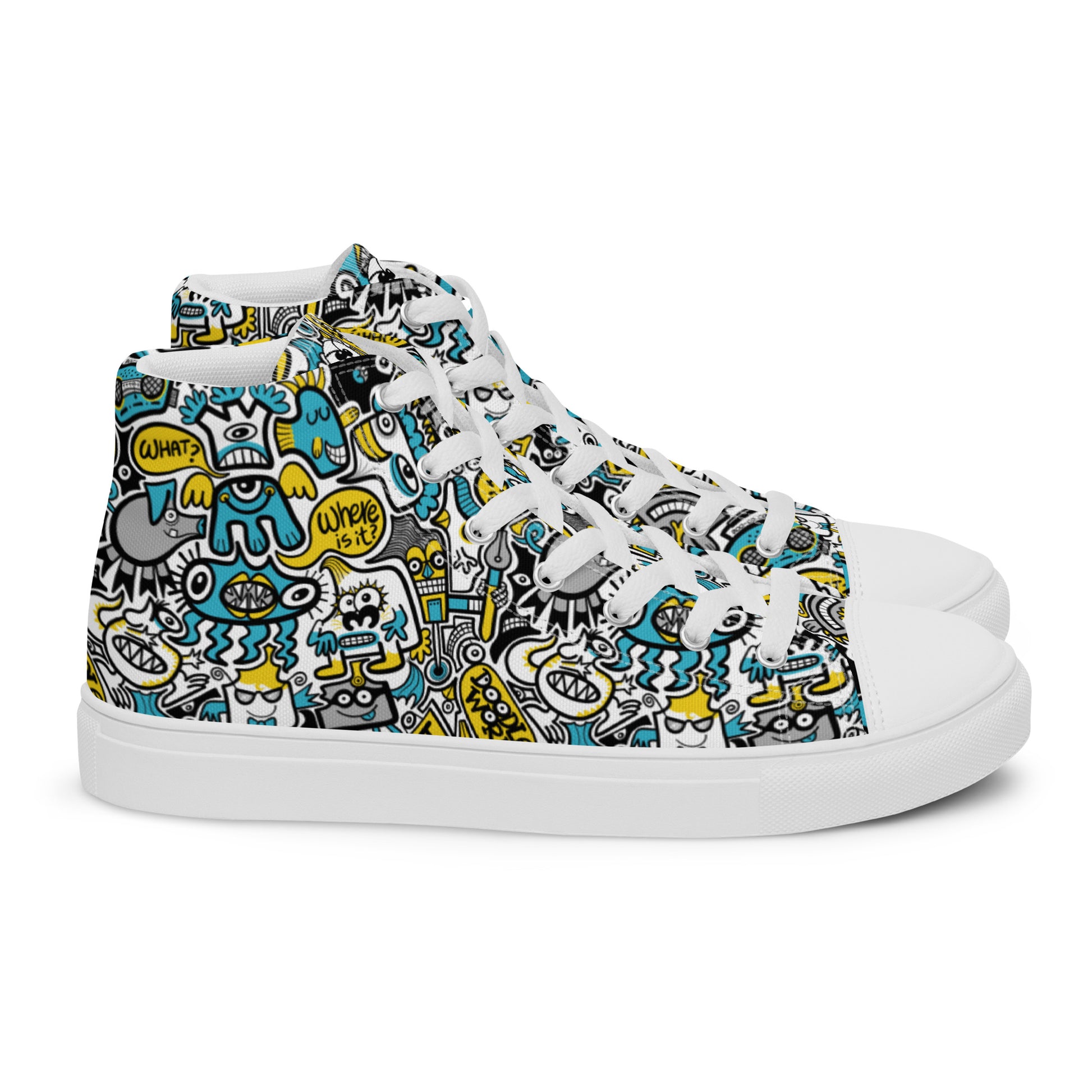 Discover a whole Doodle world buzzing in Lost city Women’s high top canvas shoes. Side view