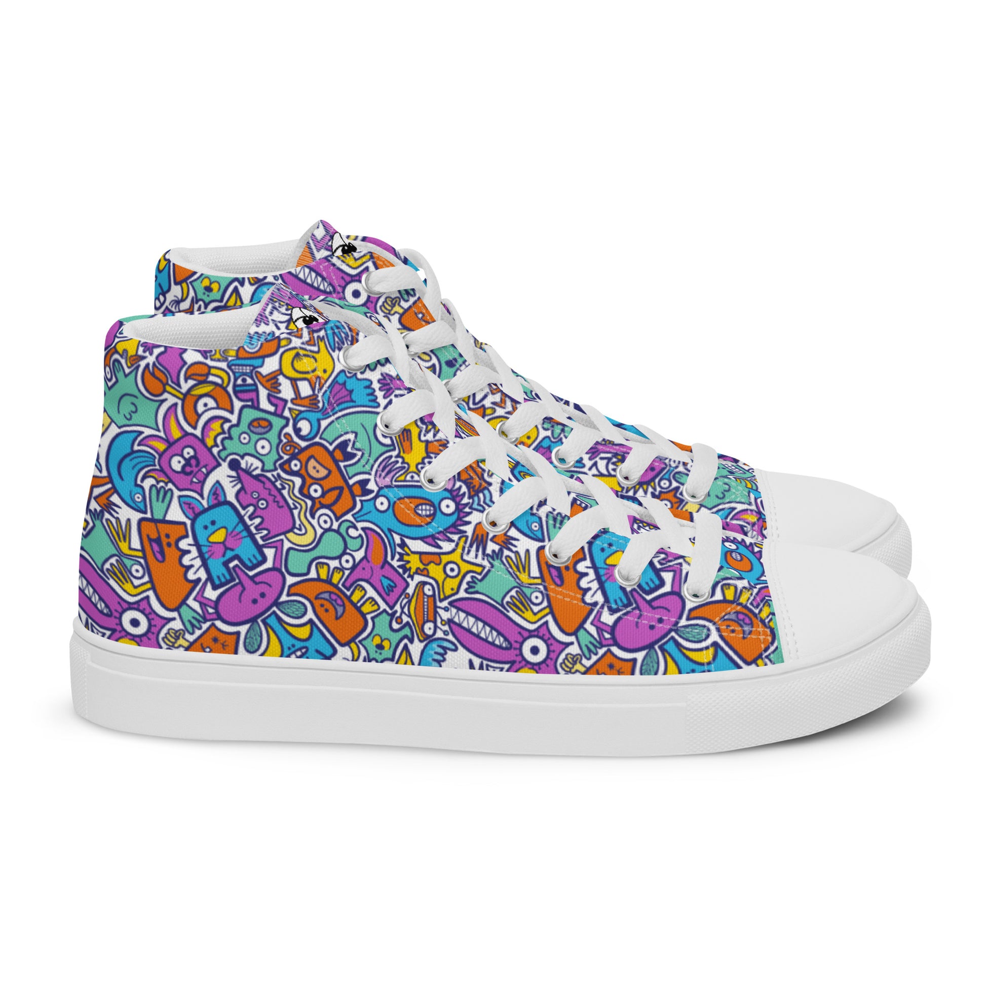 Funny multicolor Doodle world Women’s high top canvas shoes. Side view