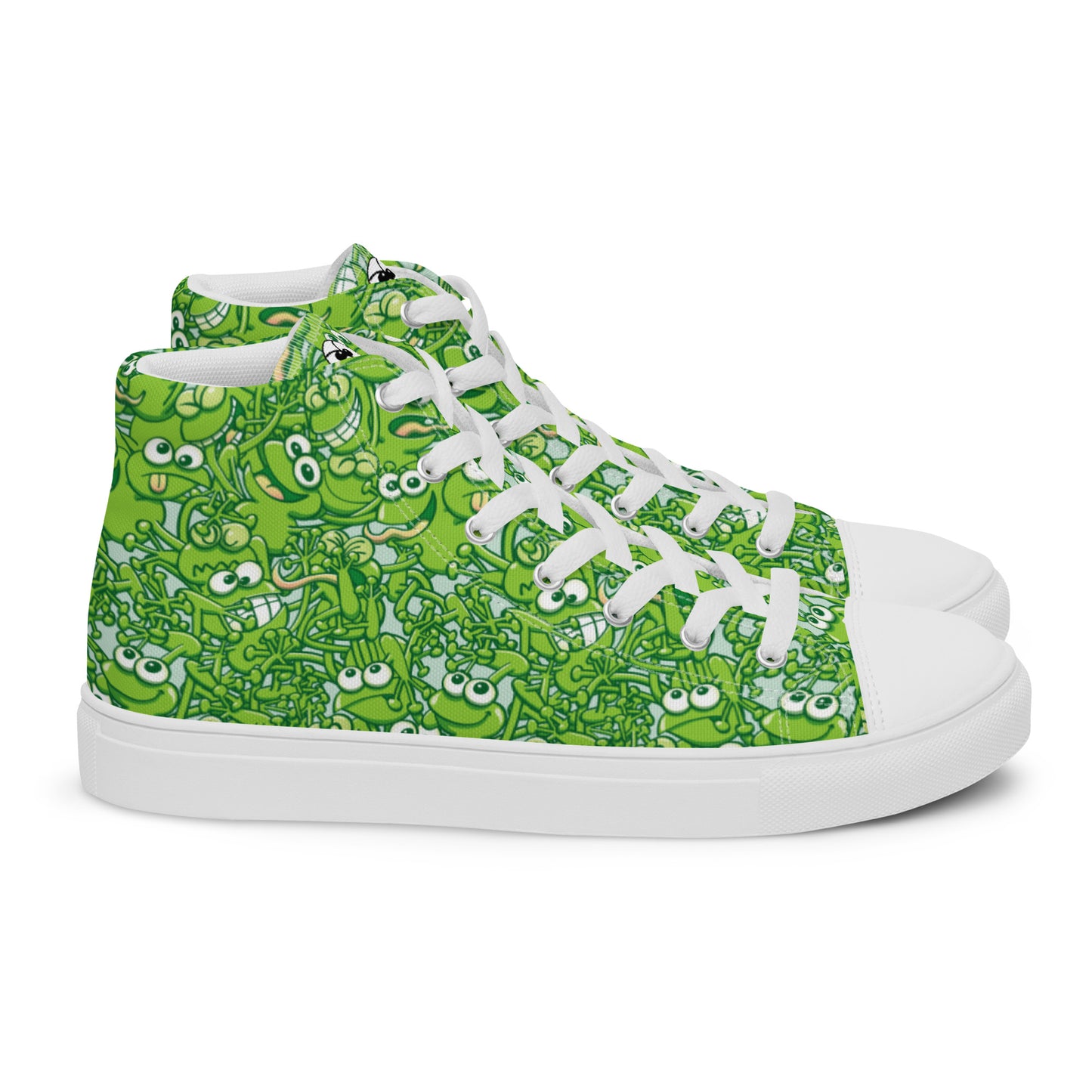 A tangled army of happy green frogs appears when the rain stops Women’s high top canvas shoes. Side view