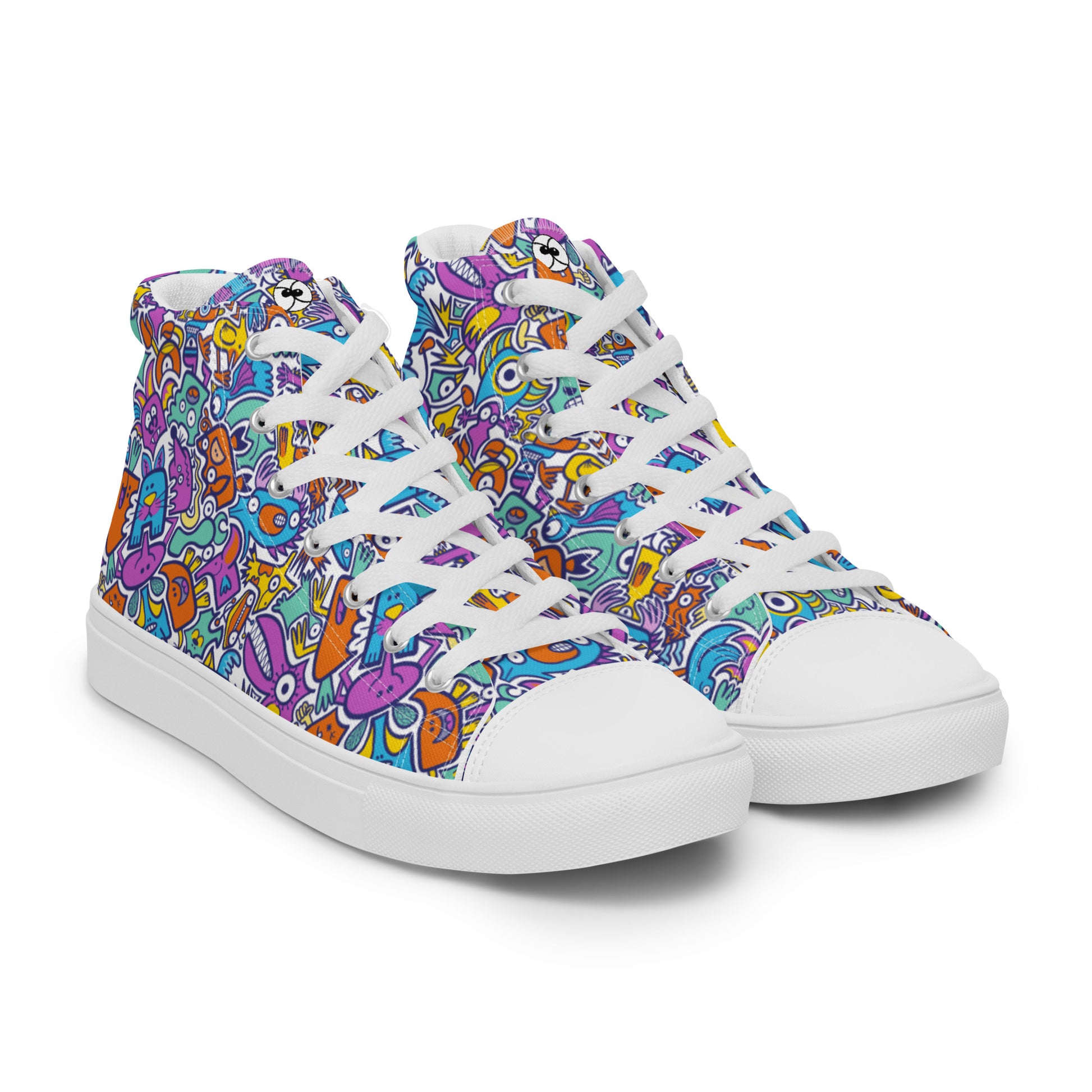 Funny multicolor Doodle world Women’s high top canvas shoes. Overview