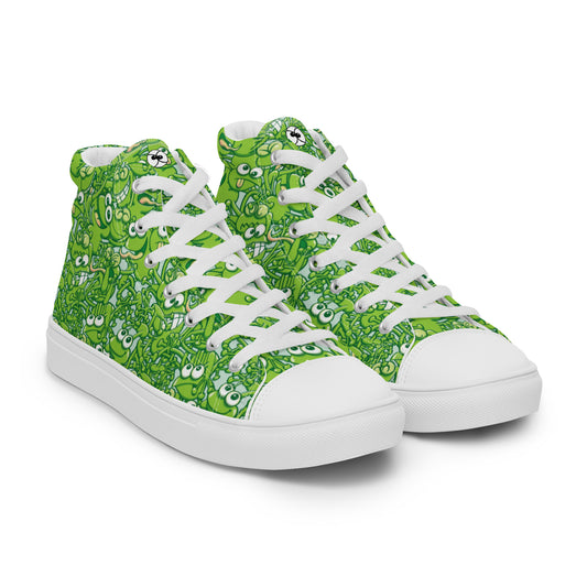 A tangled army of happy green frogs appears when the rain stops Women’s high top canvas shoes. Overview