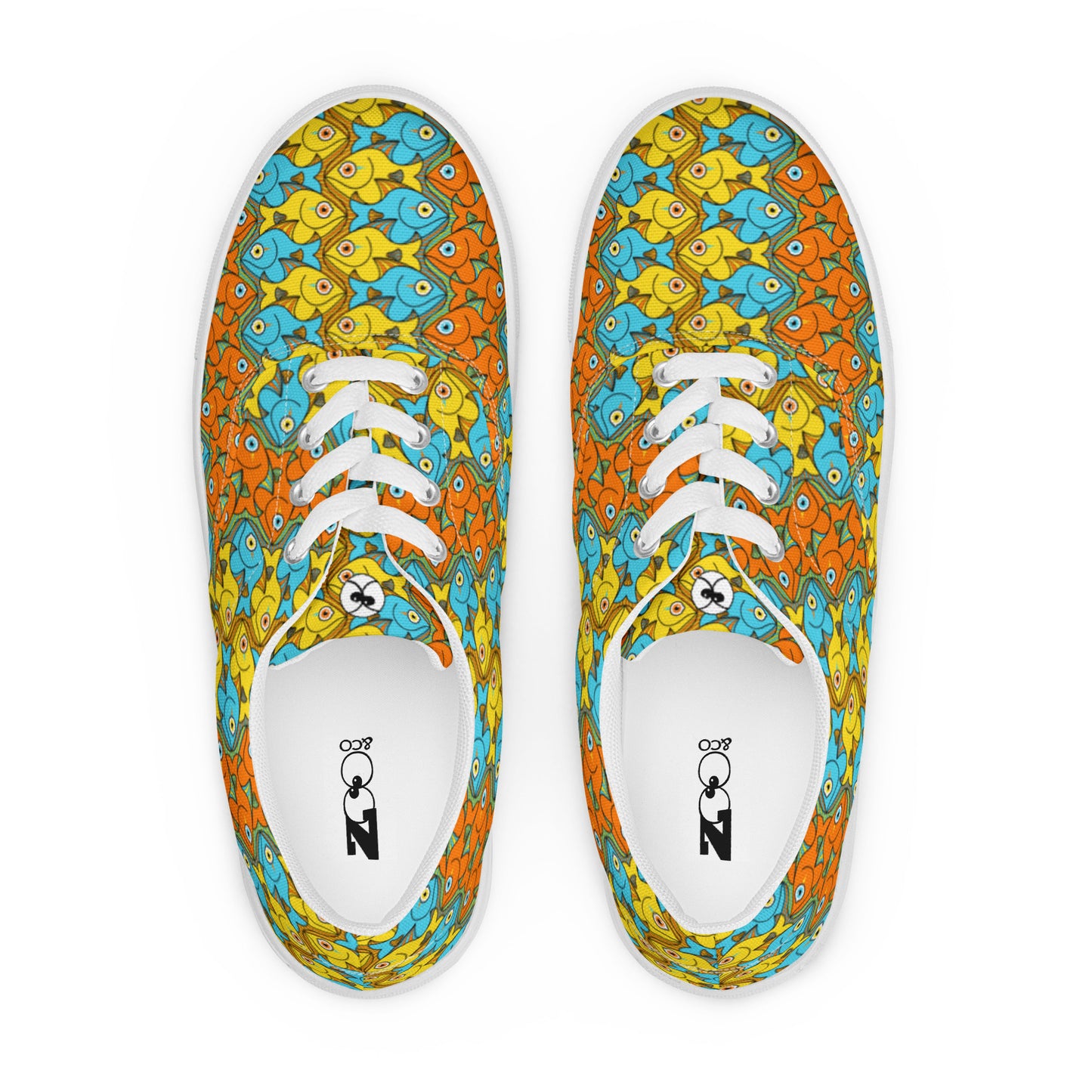 Smiling fishes colorful pattern Women’s lace-up canvas shoes. Top view