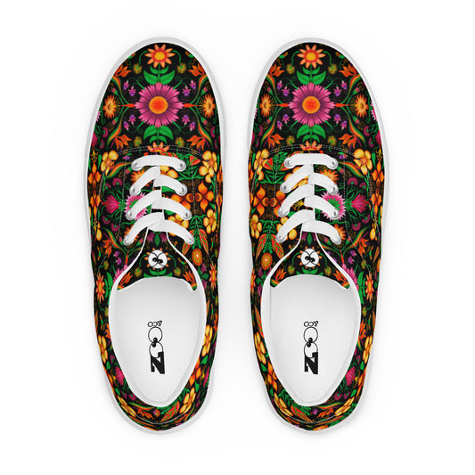 Wild flowers in a luxuriant jungle Women’s lace-up canvas shoes. Top view
