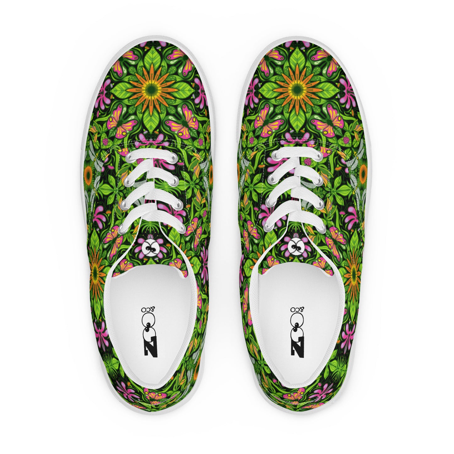 Magical garden full of flowers and insects Women’s lace-up canvas shoes. Top view
