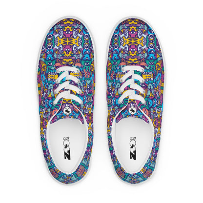 Whimsical design featuring multicolor critters from another world Women’s lace-up canvas shoes. Top view