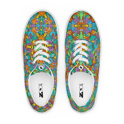 Fantastic doodle world full of weird creatures Women’s lace-up canvas shoes. Top view