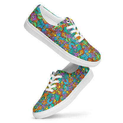 Fantastic doodle world full of weird creatures Women’s lace-up canvas shoes. Playing with shoes
