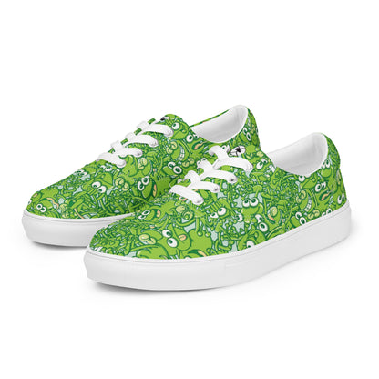 A tangled army of happy green frogs appears when the rain stops Women’s lace-up canvas shoes. Overview