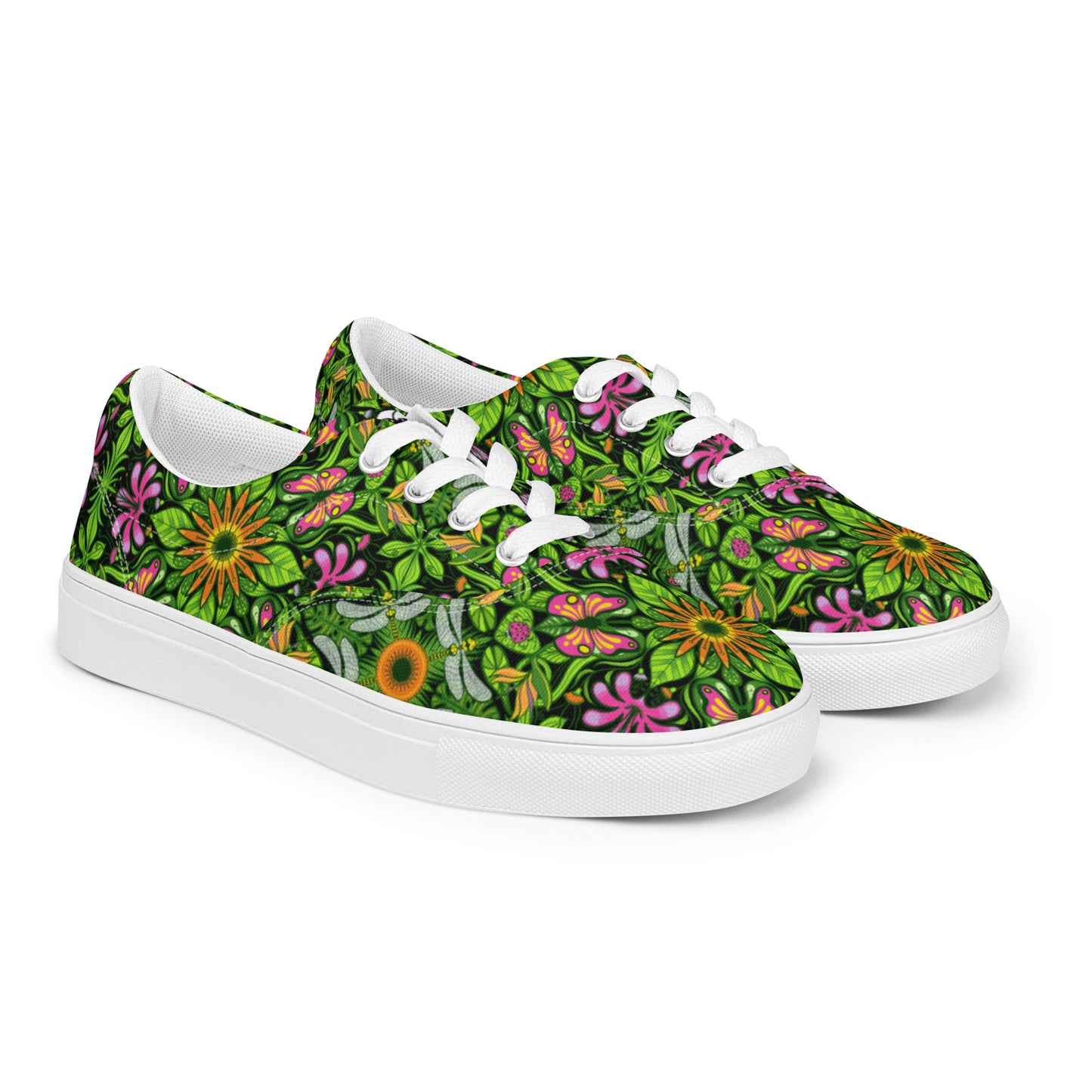 Magical garden full of flowers and insects Women’s lace-up canvas shoes. Overview