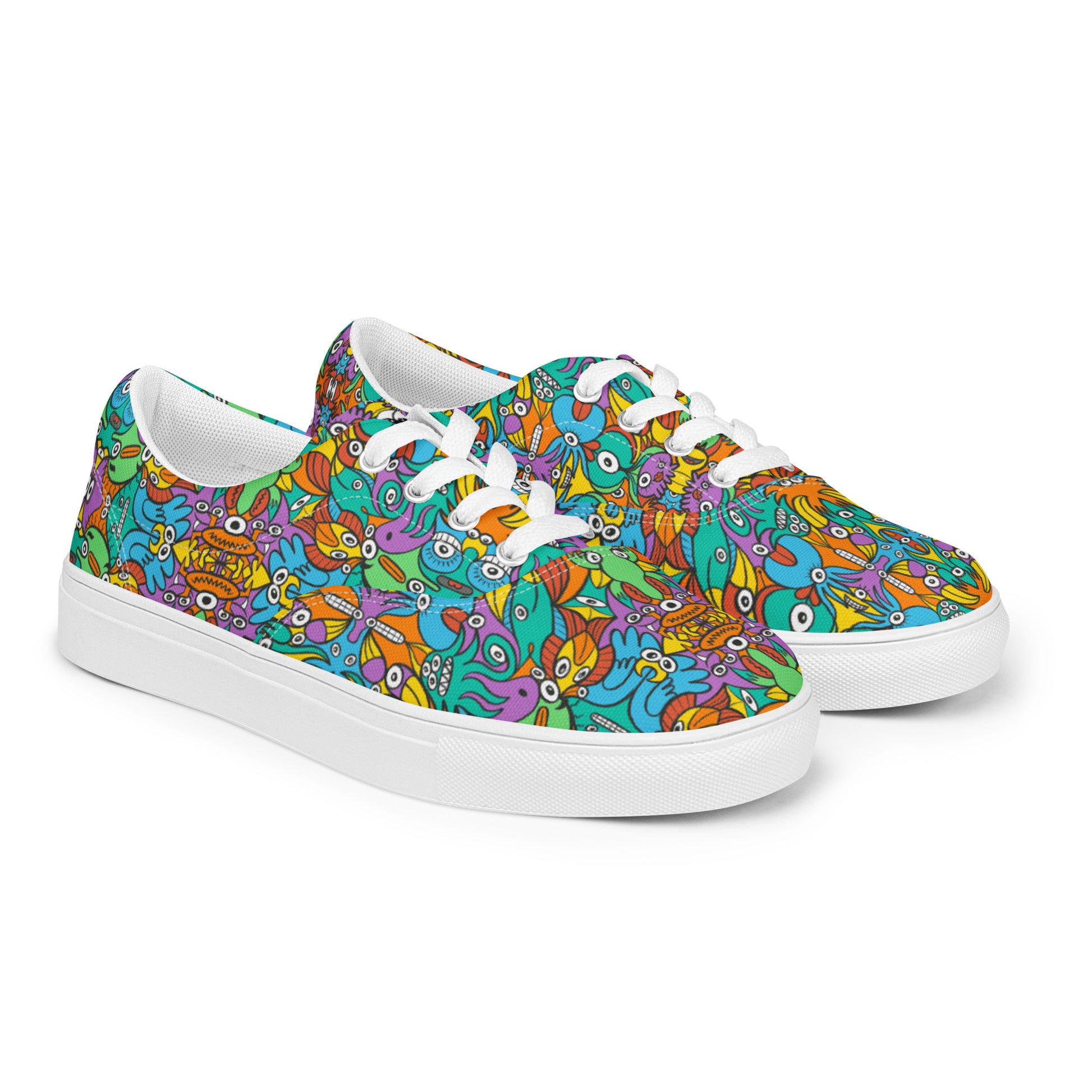 Fantastic doodle world full of weird creatures Women’s lace-up canvas shoes. Overview