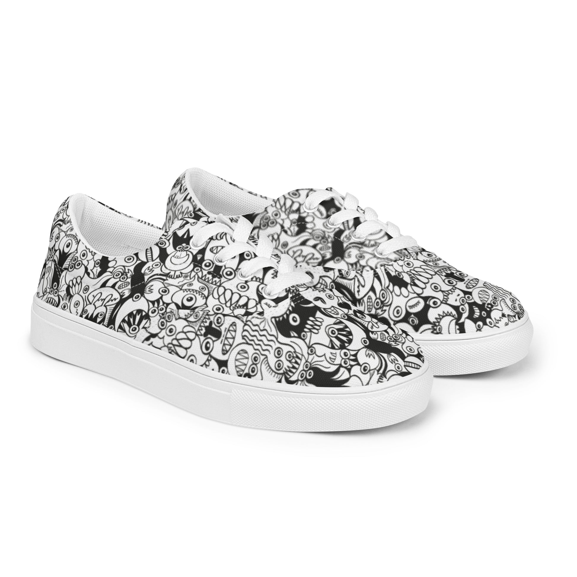 Black and white cool doodles art Women’s lace-up canvas shoes. Overview