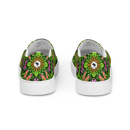 Magical garden full of flowers and insects Women’s slip-on canvas shoes. Back view