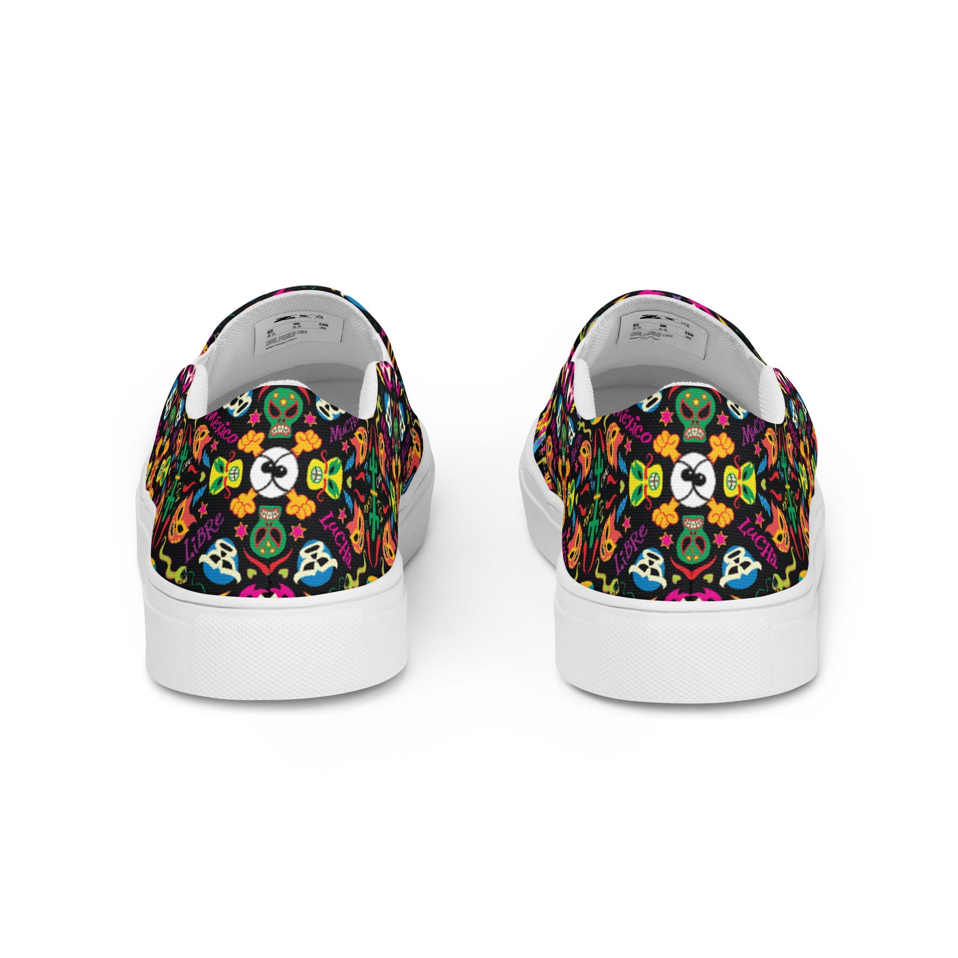 Mexican wrestling colorful party Women’s slip-on canvas shoes. Back view
