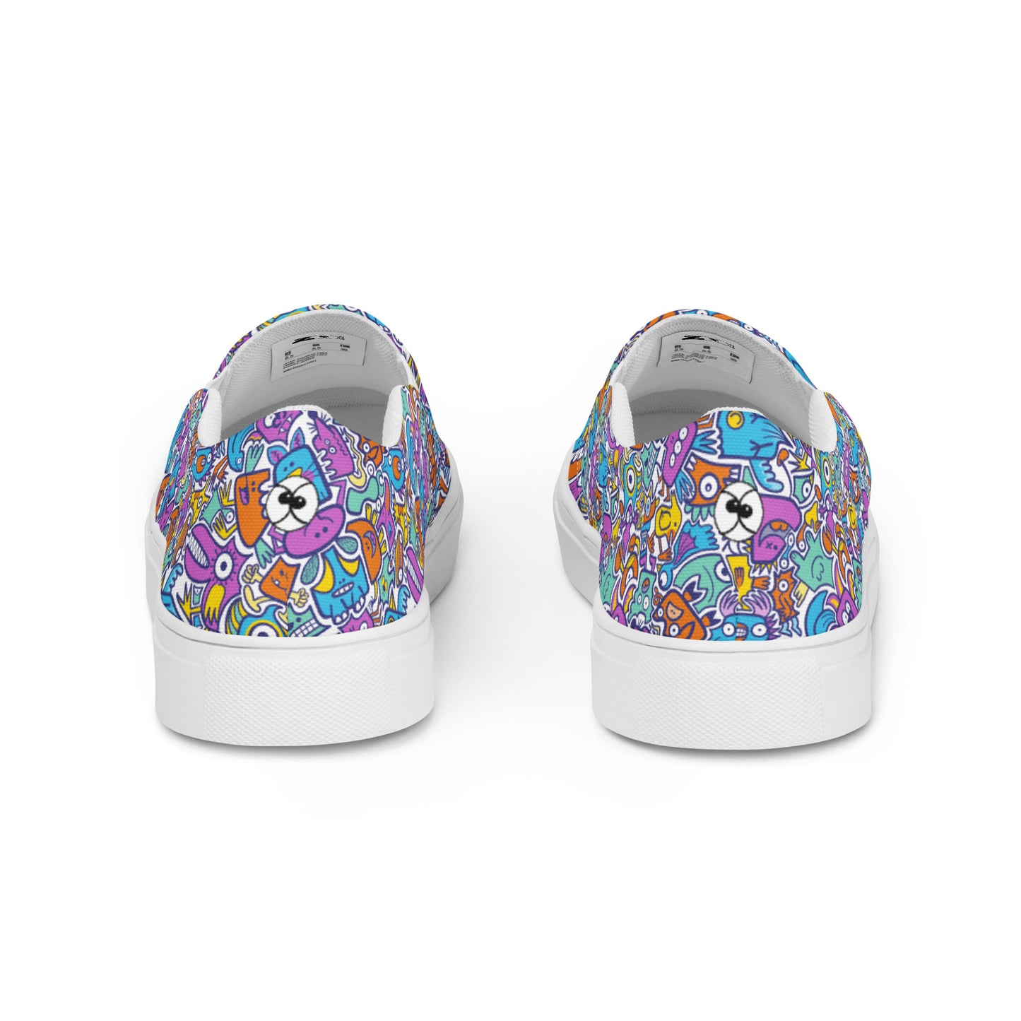 Funny multicolor doodle world Women’s slip-on canvas shoes. Back view