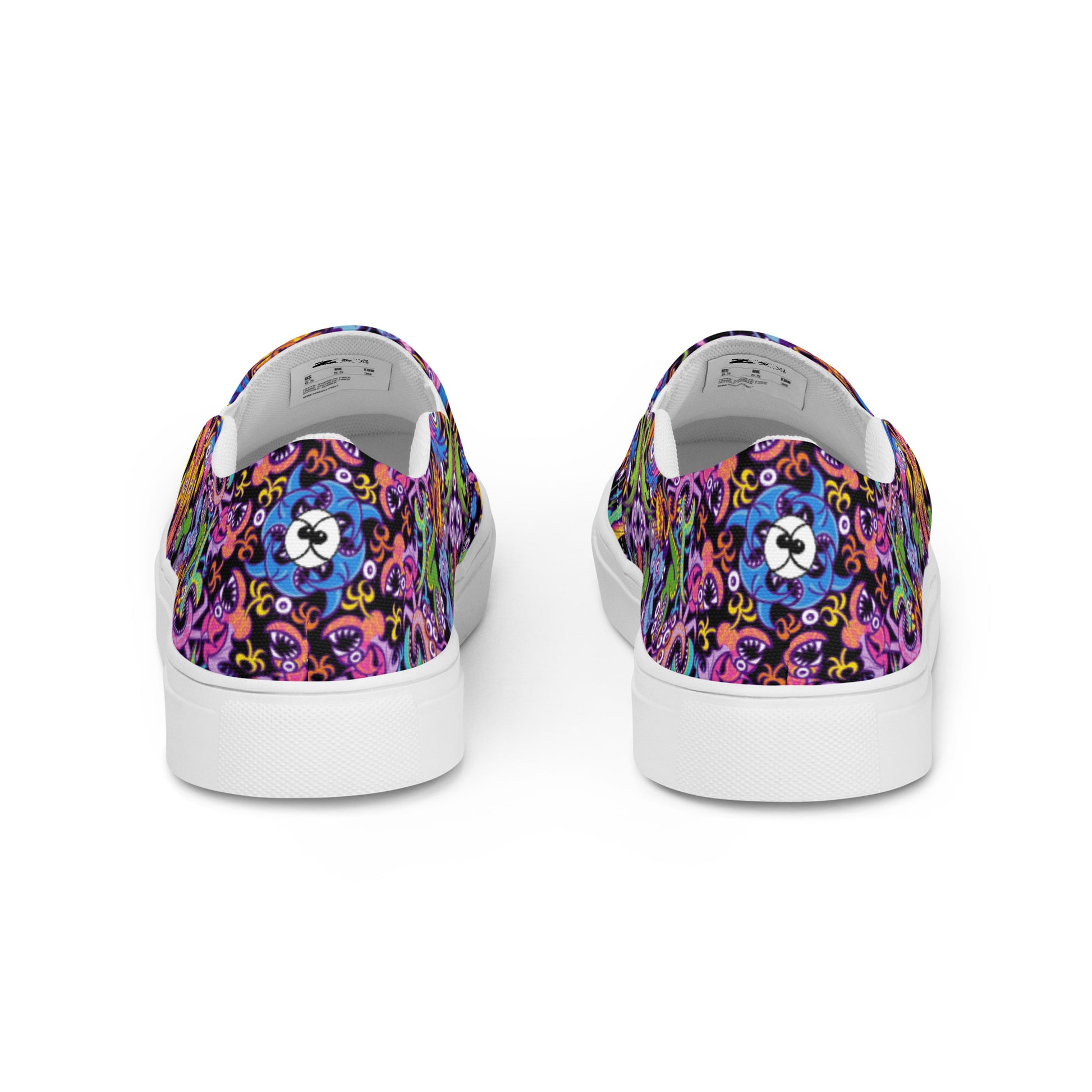 Eccentric critters in a crazy lively festival Women’s slip-on canvas shoes. Back view