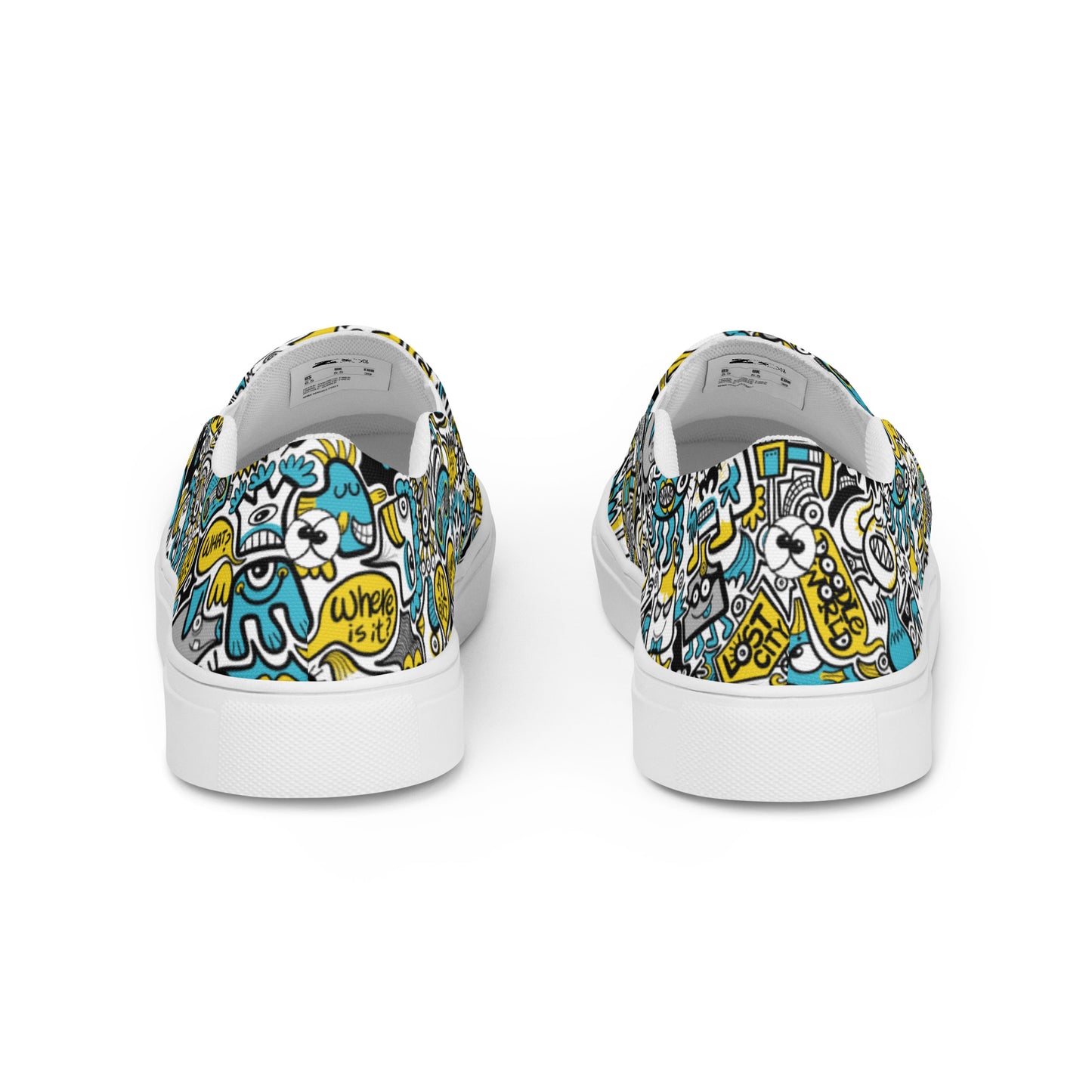 Discover a whole Doodle world buzzing in Lost city Women’s slip-on canvas shoes. Back view