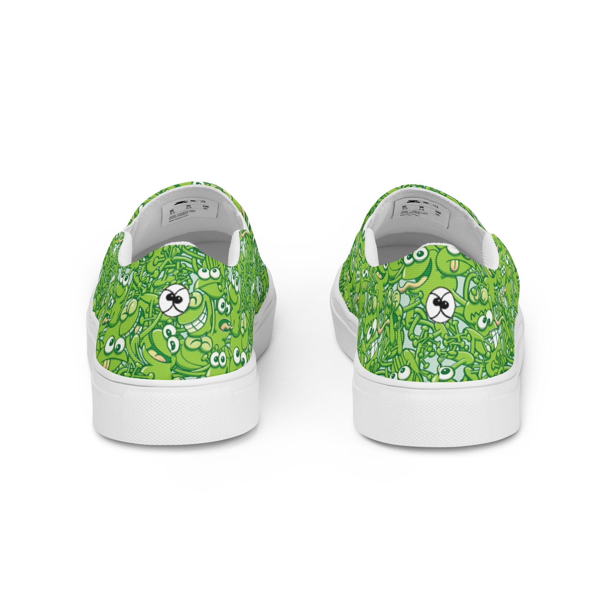 A tangled army of happy green frogs appears when the rain stops Women’s slip-on canvas shoes. Back view