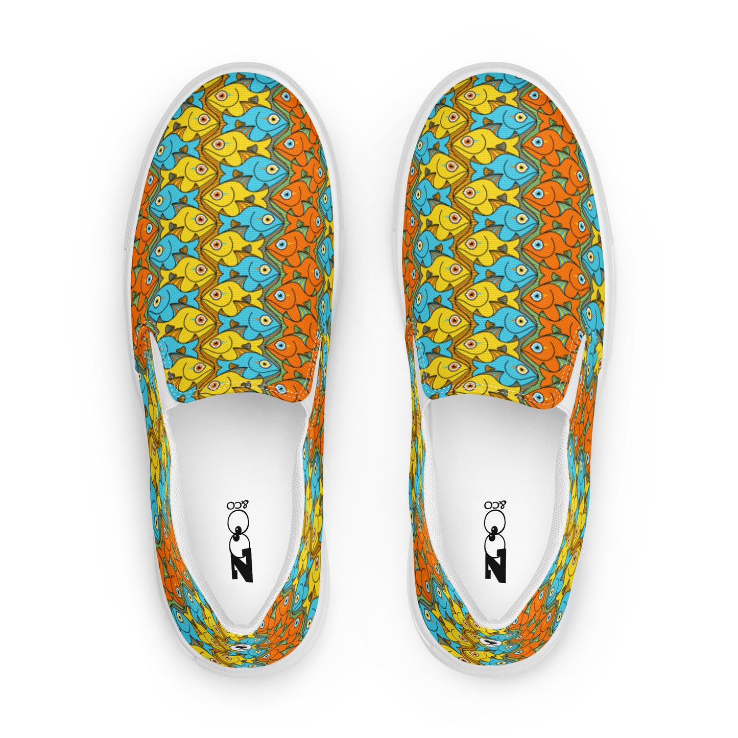 Smiling fishes colorful pattern Women’s slip-on canvas shoes. Top view