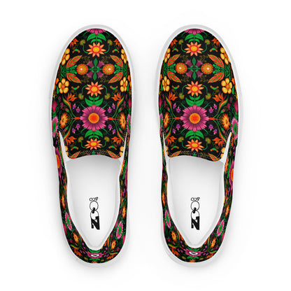Wild flowers in a luxuriant jungle Women’s slip-on canvas shoes. Top view