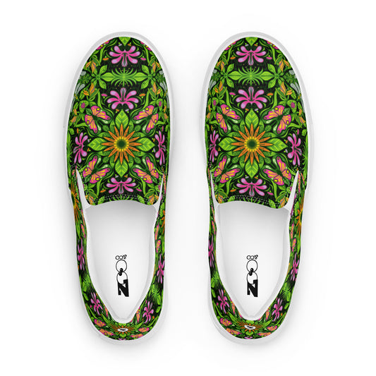 Magical garden full of flowers and insects Women’s slip-on canvas shoes. Top view