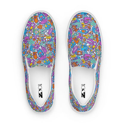 Funny multicolor doodle world Women’s slip-on canvas shoes. Top view