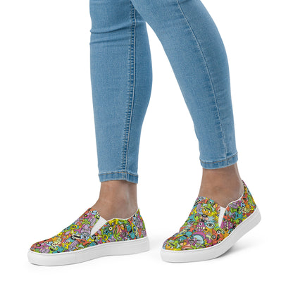 Funny monsters fighting for the best spot for a pattern design Women’s slip-on canvas shoes. Lifestyle